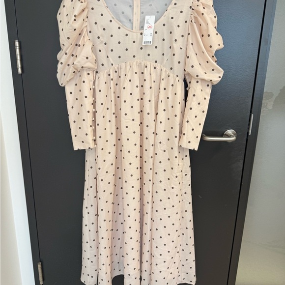 Ghospell NWT L Cream Long Sleeve Puff Sundress brown polka Dots Midi - Picture 5 of 16